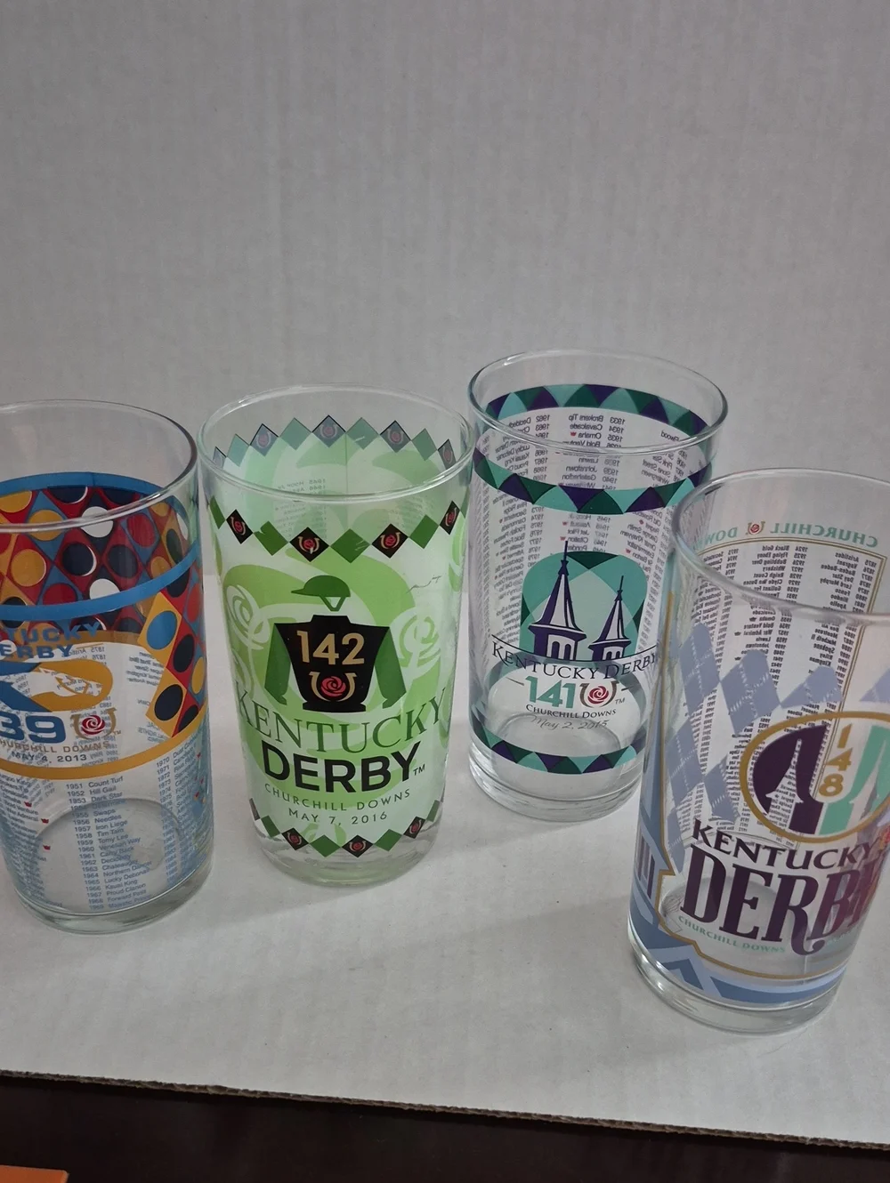 Kentucky Derby Glassses Set Of 4. 139th 141th 142th & 148th.